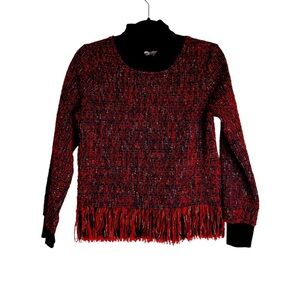 The Collective Tweed Red Black Metallic Mock Neck Long Sleeve Fringe Hem Top